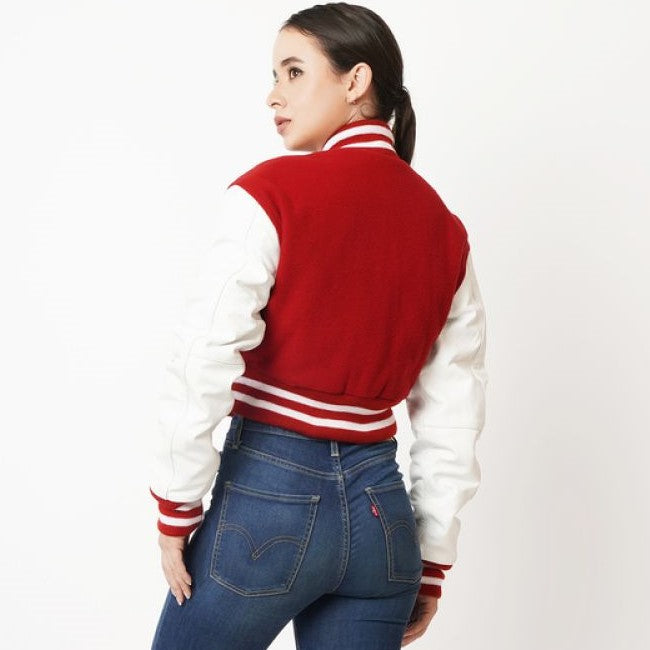 Women's Red & White Sleeves Cropped Varsity Leather Jacket