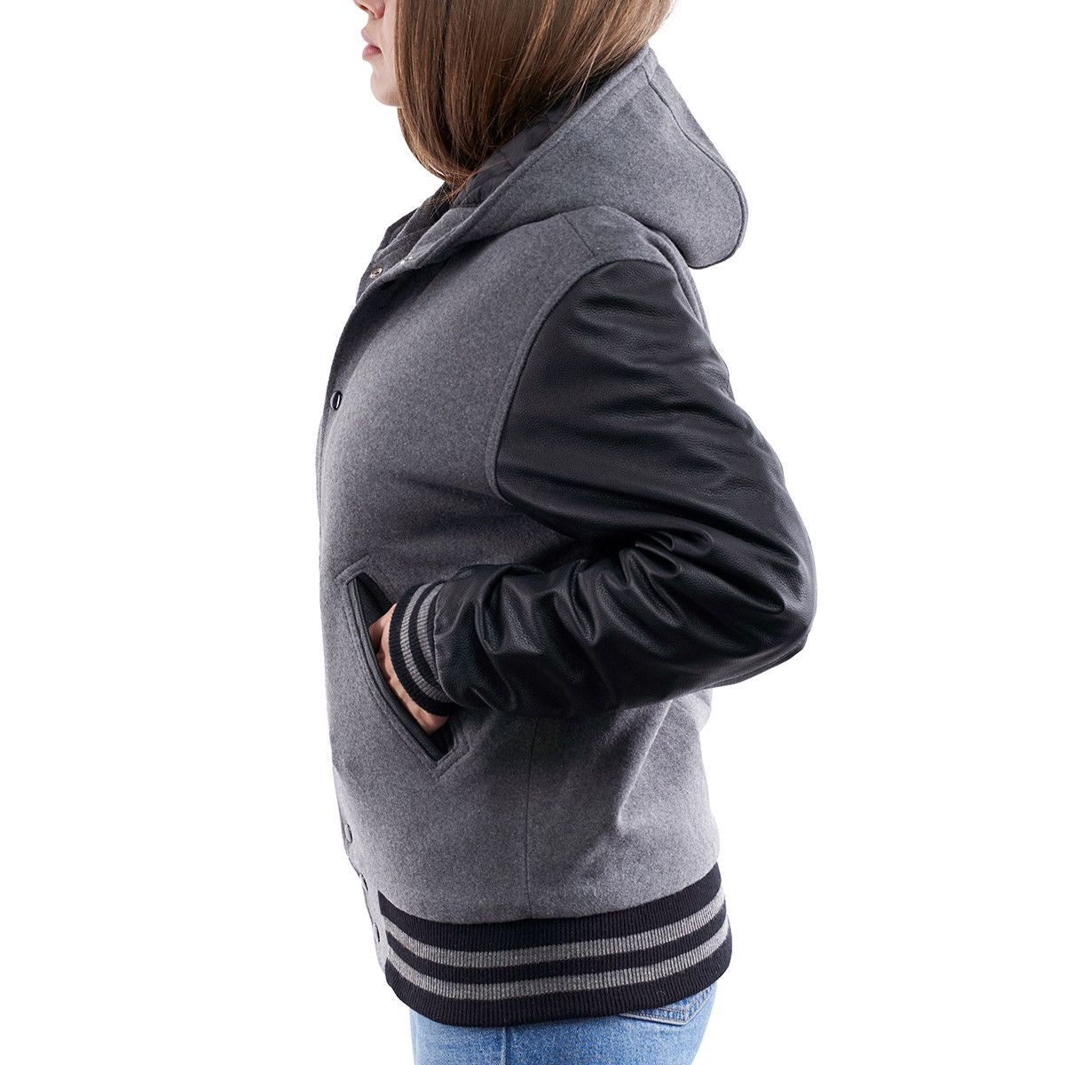 Women's Gray Hooded Letterman Leather Jacket