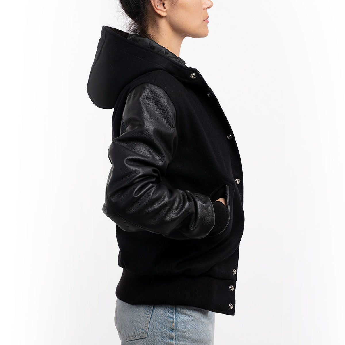 Women's Black Hooded Varsity Leather Jacket