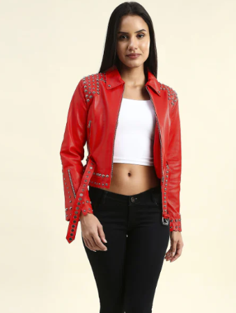 Women's Red Studded Leather Biker Jacket