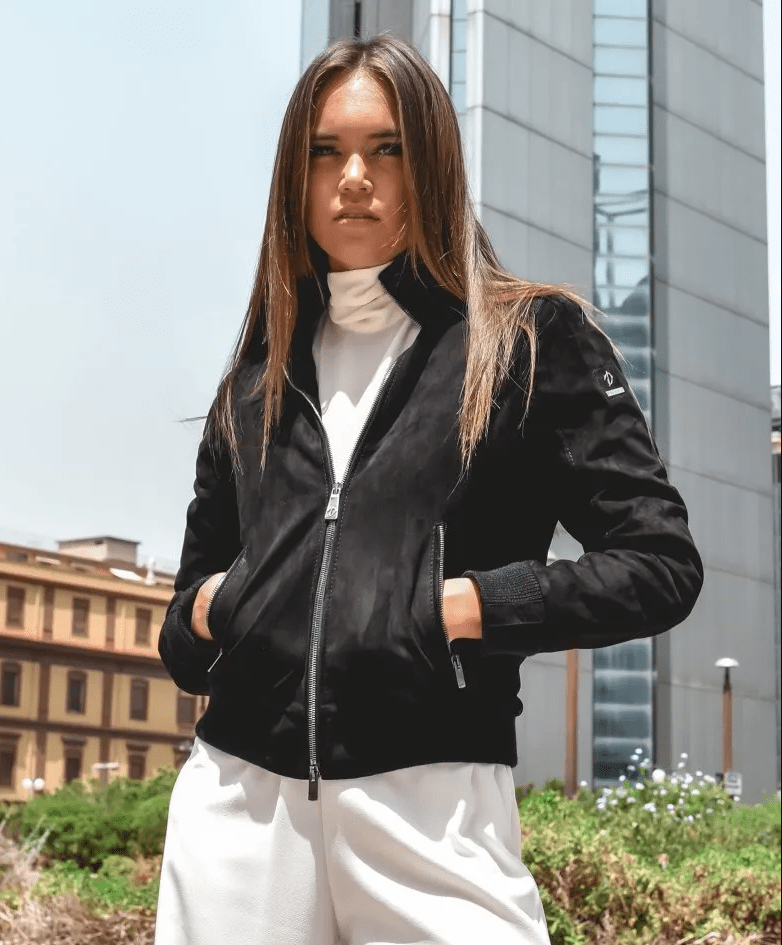 Women's Black Suede Leather Bomber Jacket