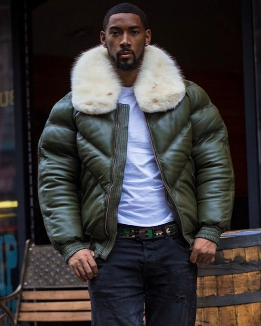 Men's V Bomber Jacket - Money Green with Off White Fur