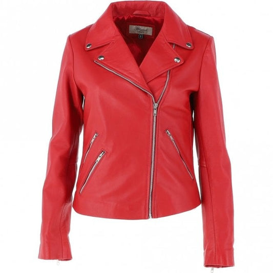 Women's Red Leather Biker Jacket Stylish & Slim Fit
