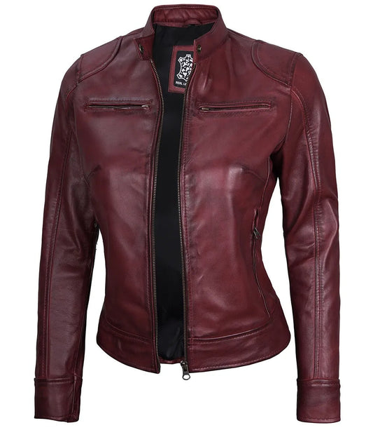 Avanzar Leather Dodge Women's Maroon Cafe Racer Leather Jacket