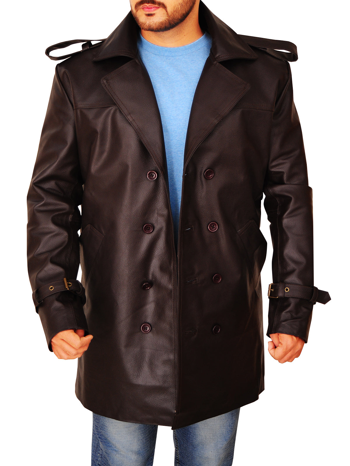 Men Brown Leather Peacoat