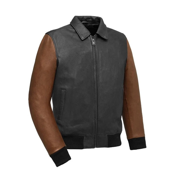 Men’s Two-Tone Moto Bomber Leather Jacket