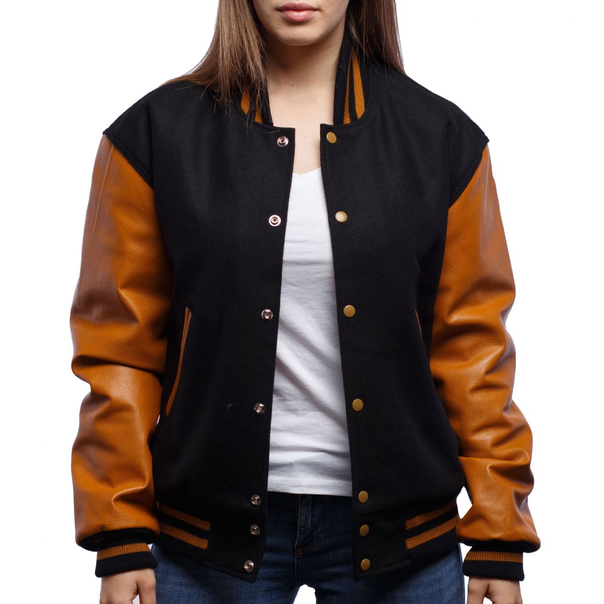Women's Black & Brown Sleeves Bomber Varsity Leather Jacket