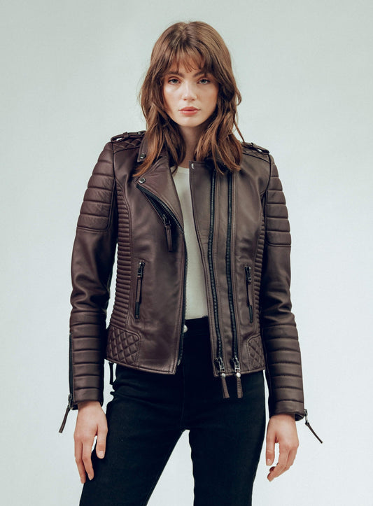 Women's Dark Brown Cafe Racer Leather Biker Jacket