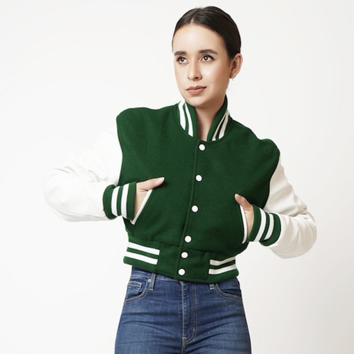 Women's Green & White Sleeves Cropped Varsity Leather Jacket