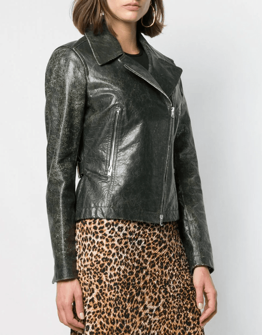 Women's Khaki Distressed Vintage Leather Jacket
