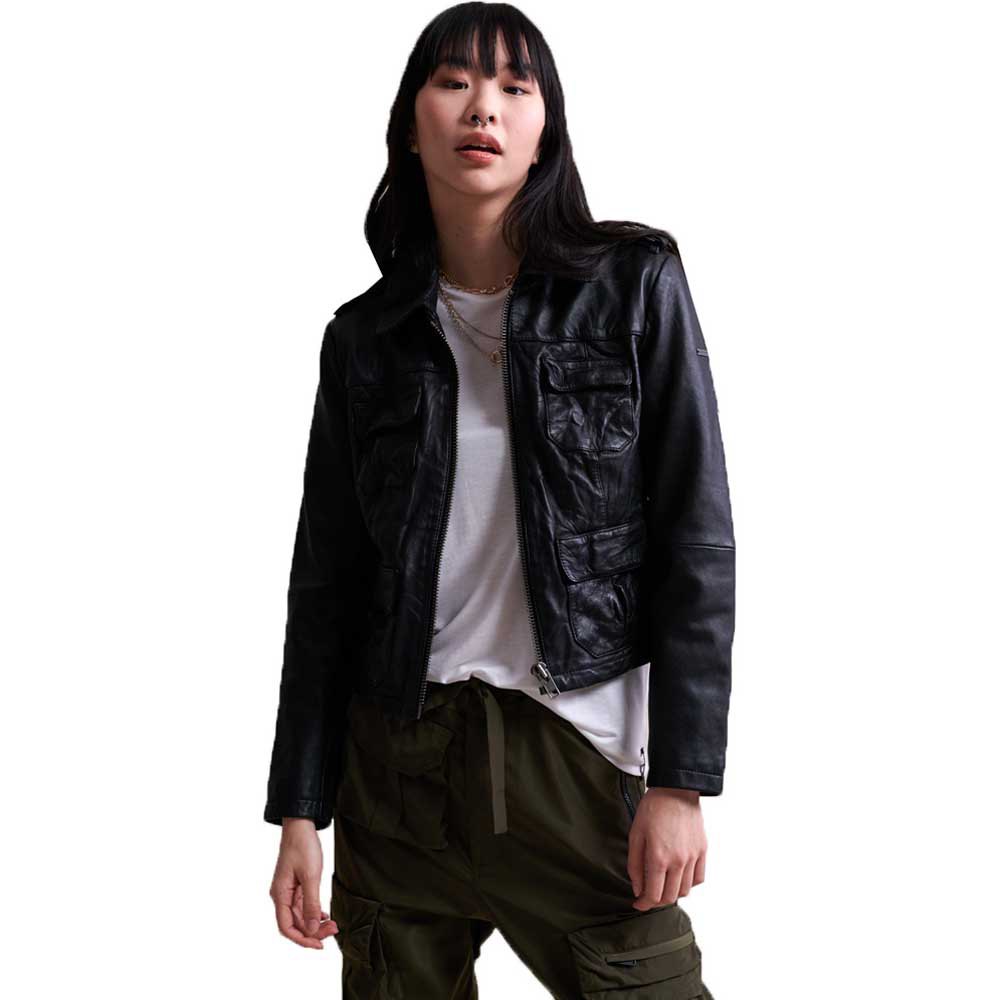Women's Black Harrington Trucker Leather Jacket with Classic Fit