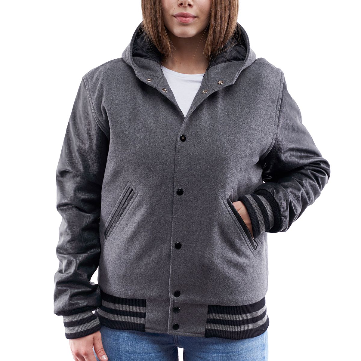 Women's Gray Hooded Letterman Leather Jacket