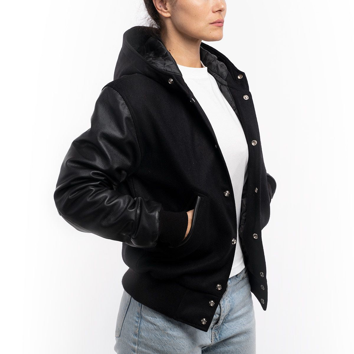 Women's Black Hooded Varsity Leather Jacket
