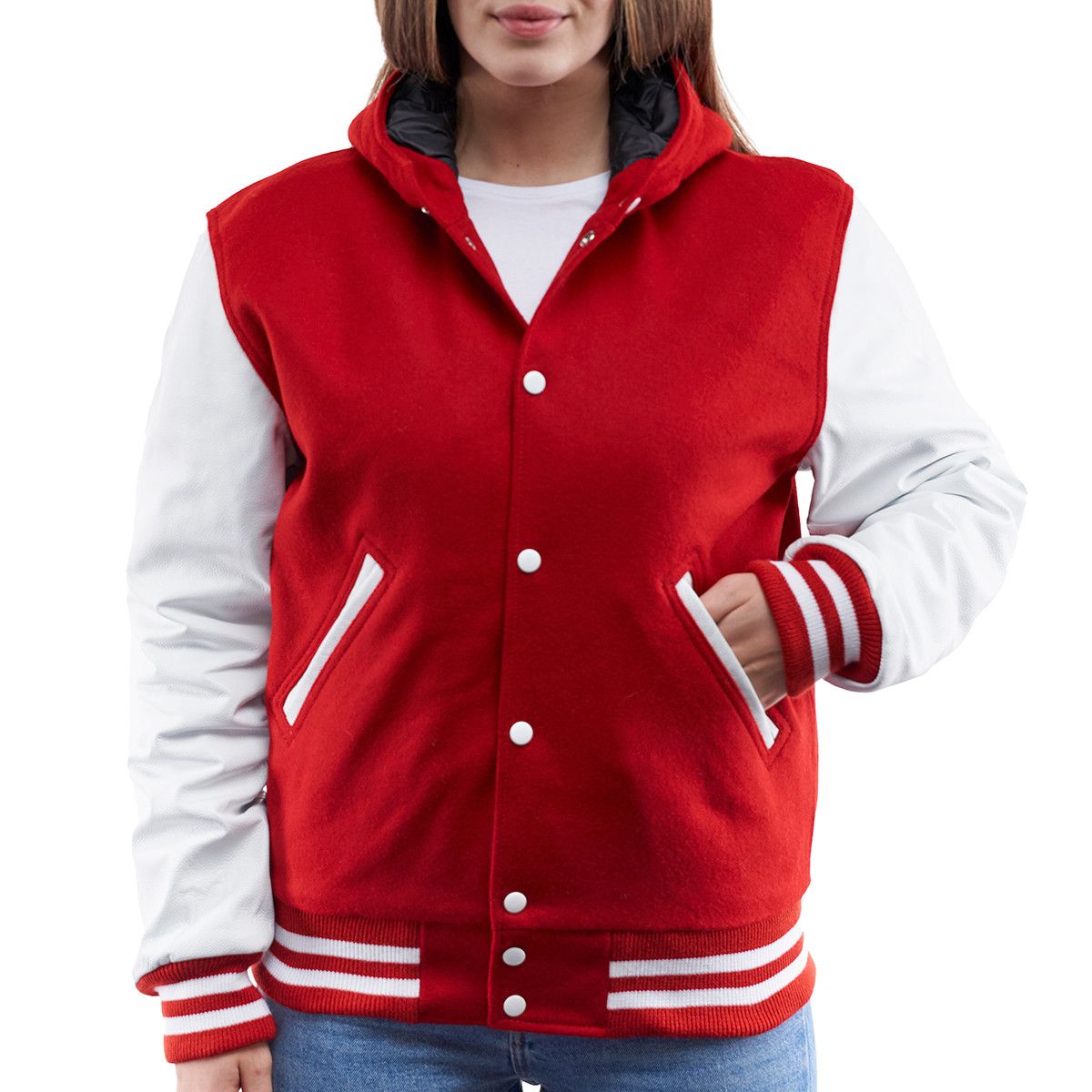 Women's Red & White Sleeves Hooded Varsity Leather Jacket