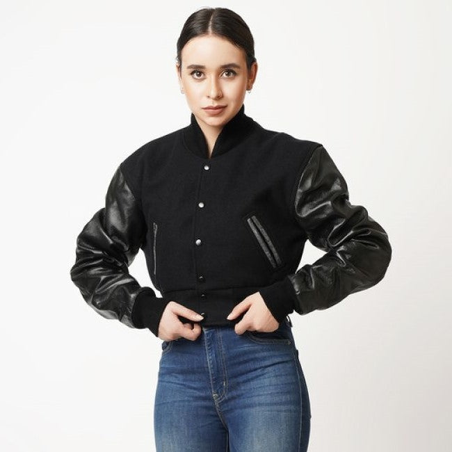 Women's Black Cropped Letterman Leather Jacket