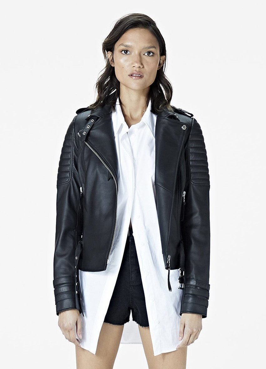 Women's Black Moto Cafe Racer Leather Jacket