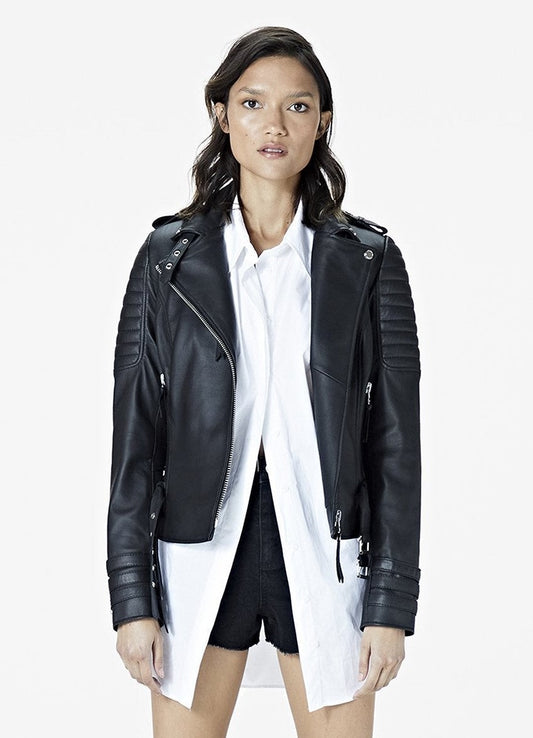 Women's Black Moto Cafe Racer Leather Jacket