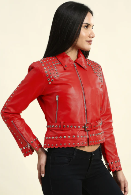 Women's Red Studded Leather Biker Jacket