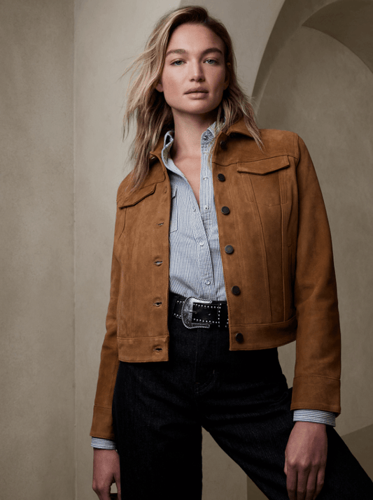 Women's Brown Suede Leather Trucker Jacket
