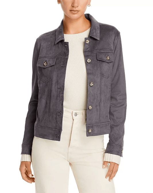 Women's Gray Suede Leather Trucker Jacket