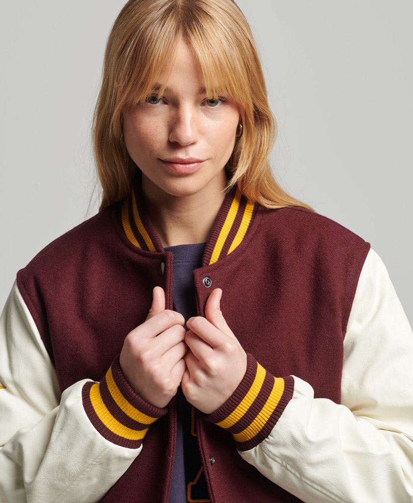 Women's Maroon & White Sleeves Varsity Bomber Leather Jacket