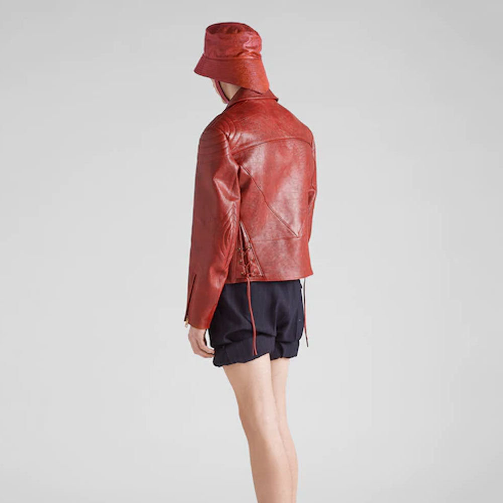 Women's Red Sheepskin Leather Biker Jacket