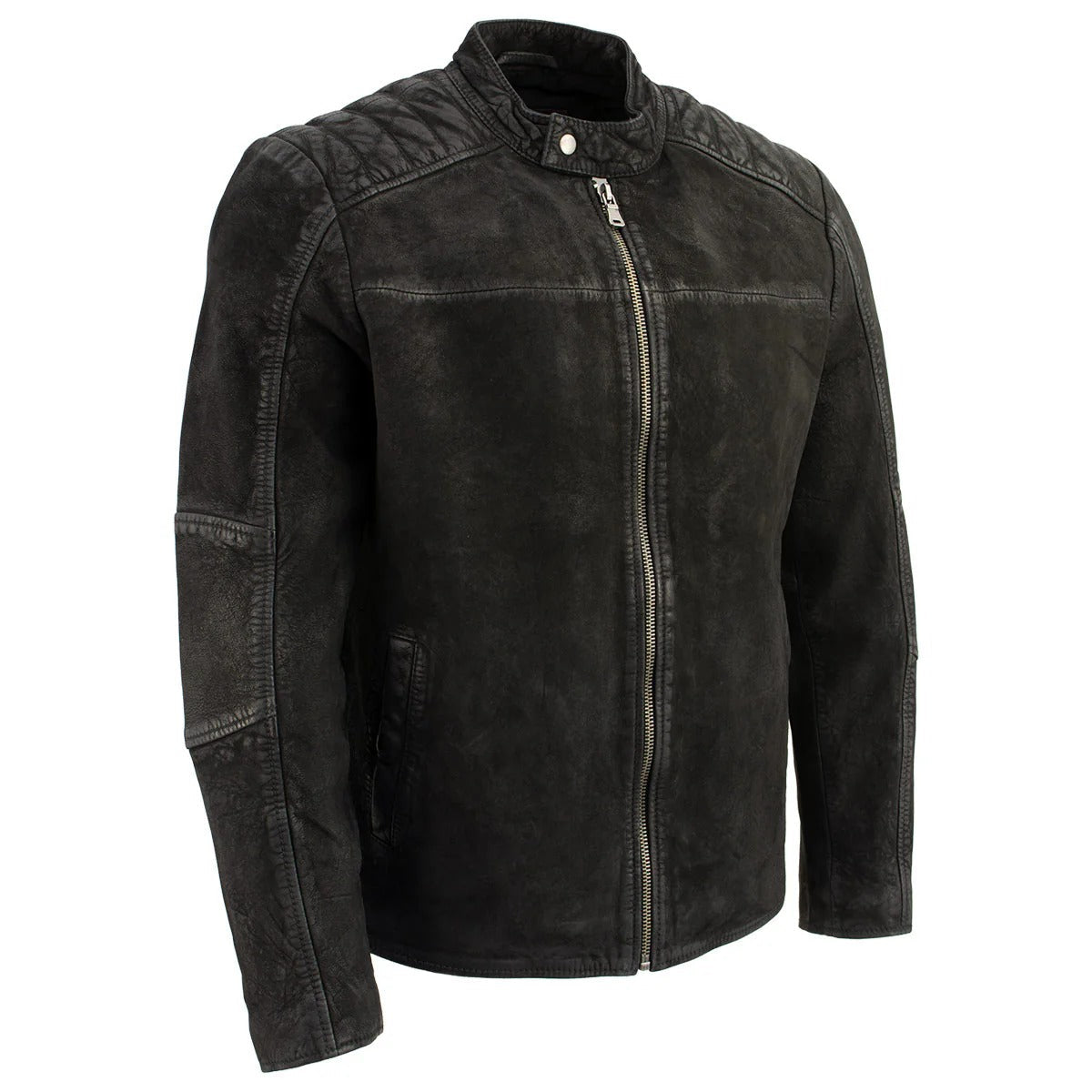 Men’s Black Nubuck Leather Moto-Style Zipper Jacket