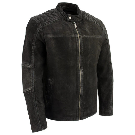 Men’s Black Nubuck Leather Moto-Style Zipper Jacket