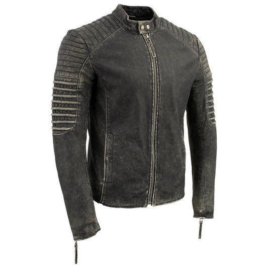 Men’s Black Seamed Shoulder Leather Motorcycle Jacket