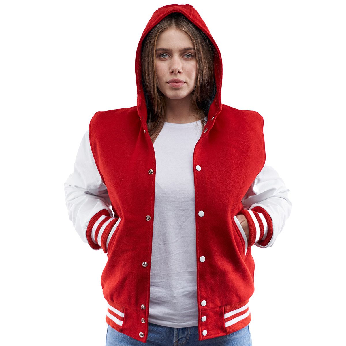 Women's Red & White Sleeves Hooded Varsity Leather Jacket