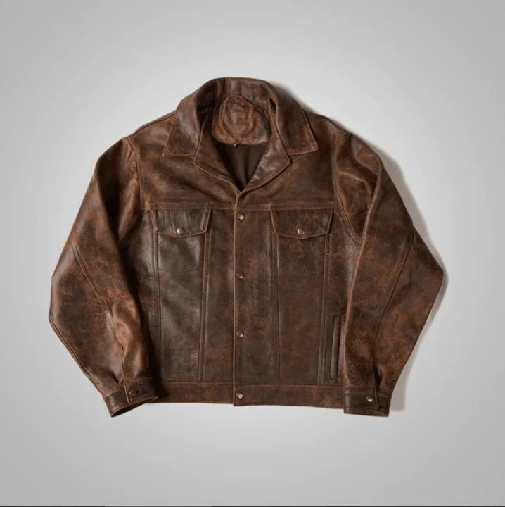 Men's Trucker Distressed Dark Brown Leather Jacket Rugged Style Redefined