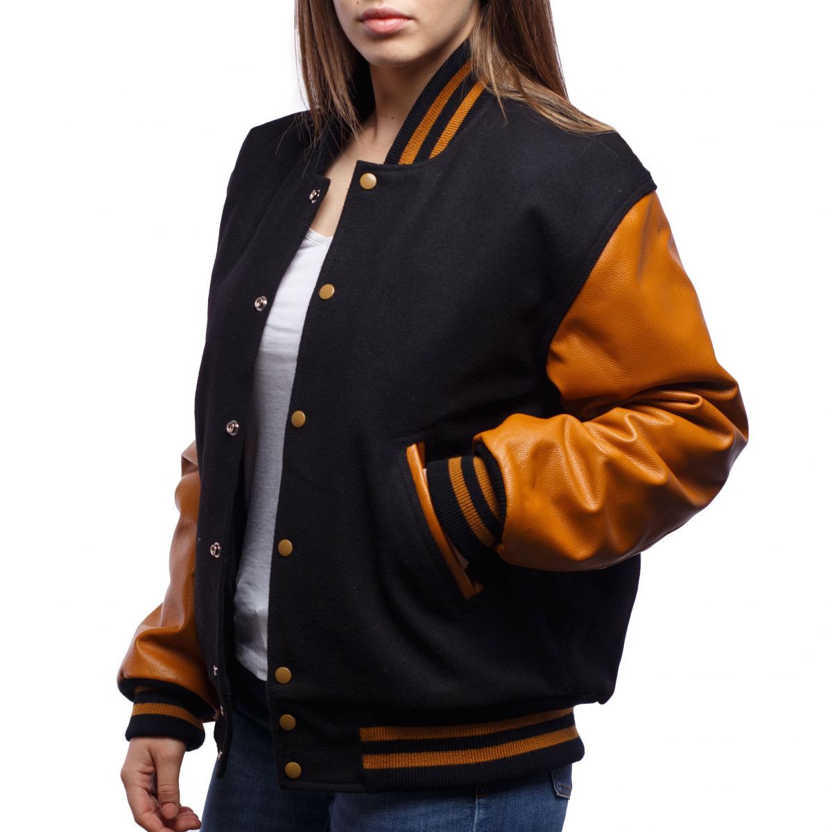Women's Black & Brown Sleeves Bomber Varsity Leather Jacket