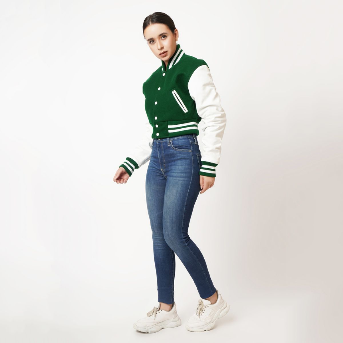 Women's Green & White Sleeves Cropped Varsity Leather Jacket