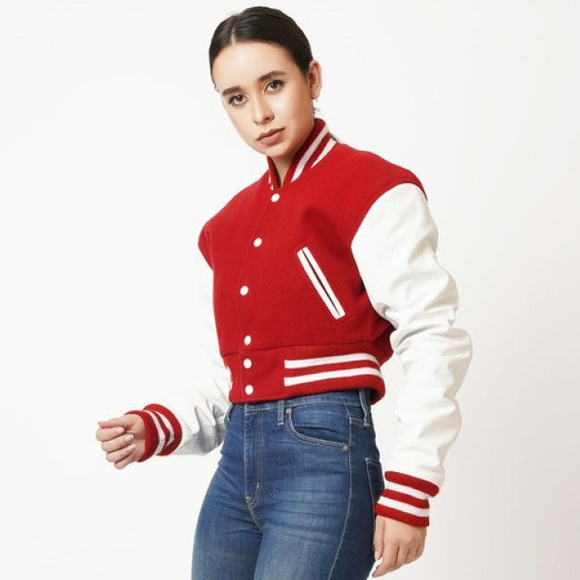 Women's Red & White Sleeves Cropped Varsity Leather Jacket