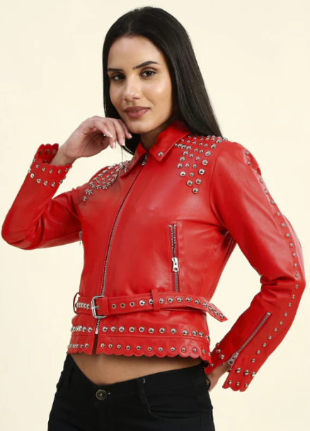 Women's Red Studded Leather Biker Jacket