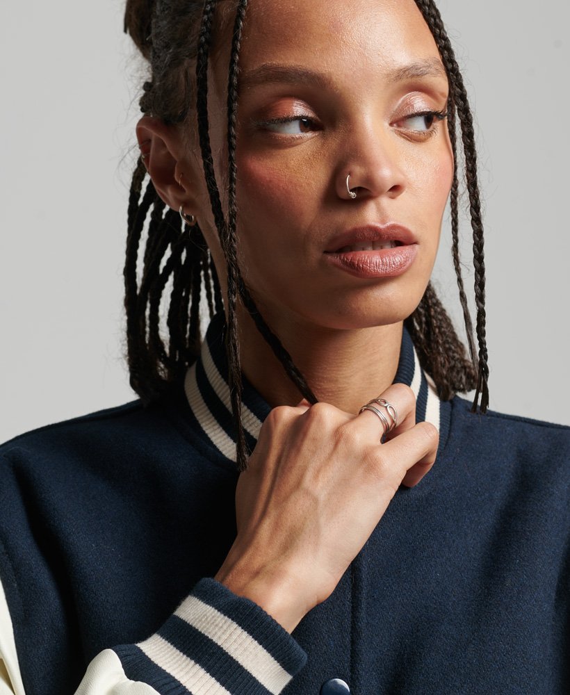 Women's Black & White Sleeves Varsity Bomber Leather Jacket