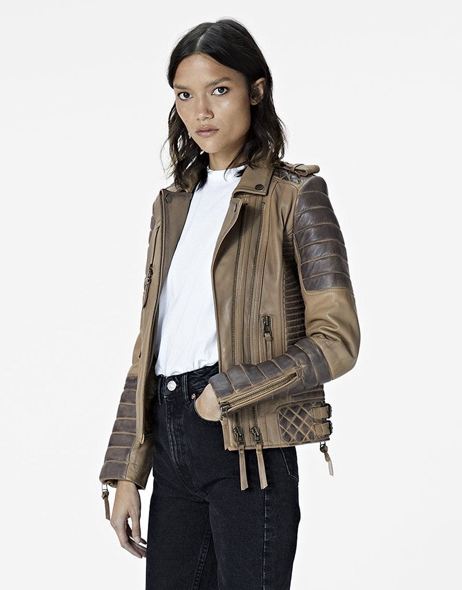 Women's Beige Cafe Racer Leather Jacket with Gray Quilts