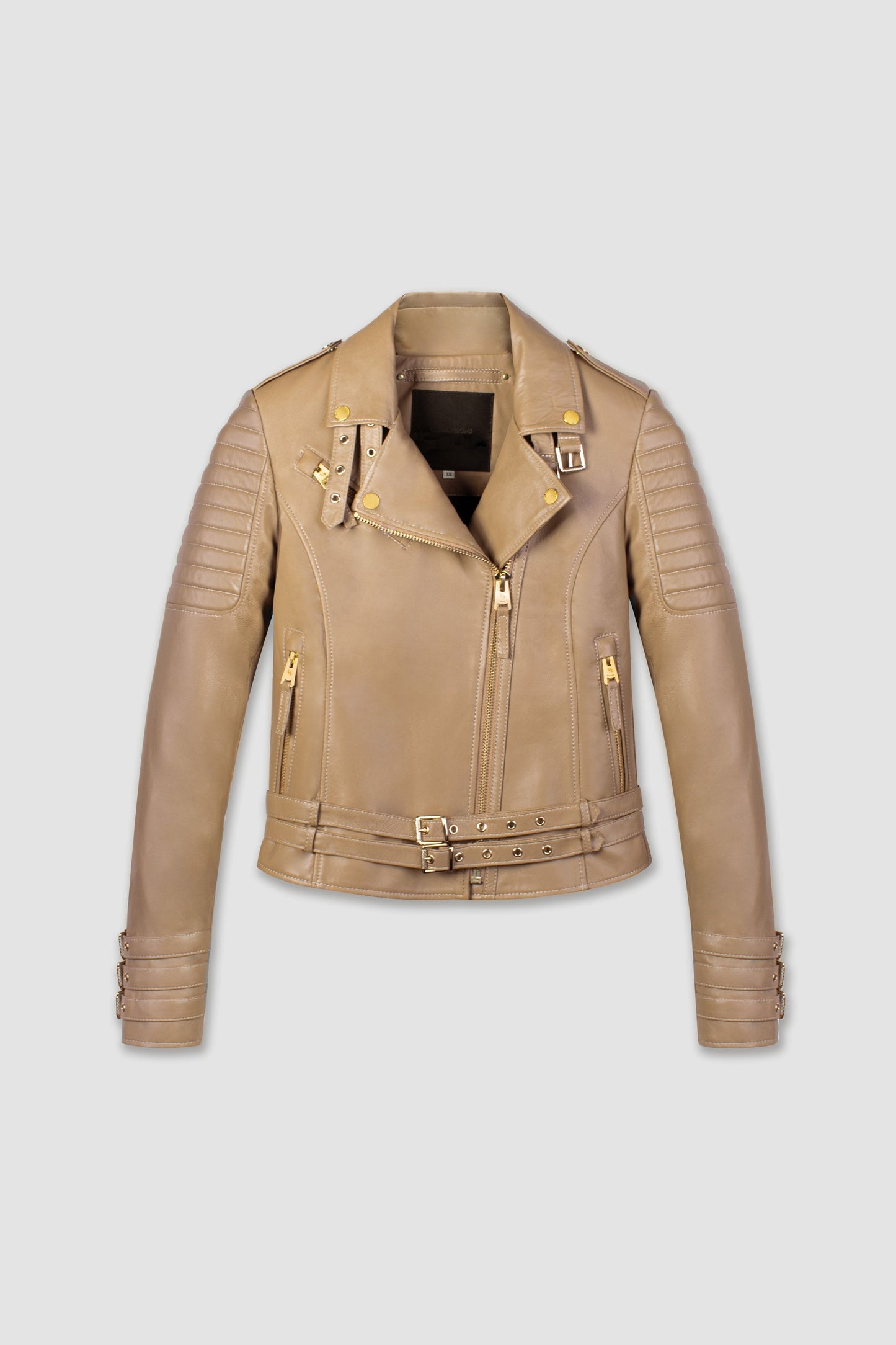 Women's Beige Biker Cafe Racer Leather Jacket