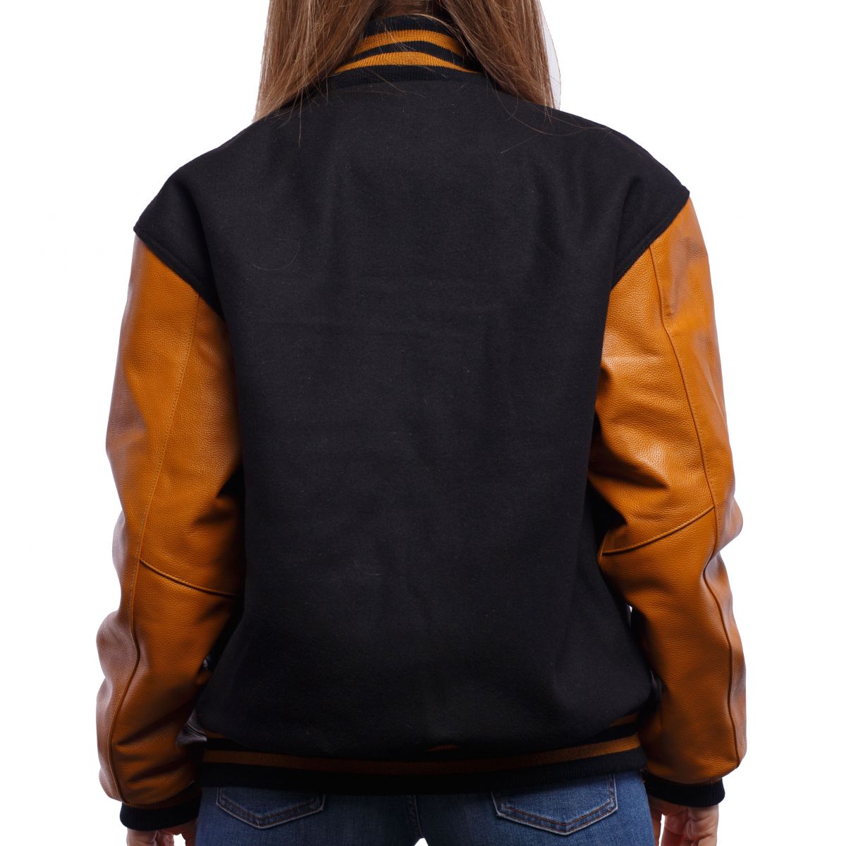 Women's Black & Brown Sleeves Bomber Varsity Leather Jacket