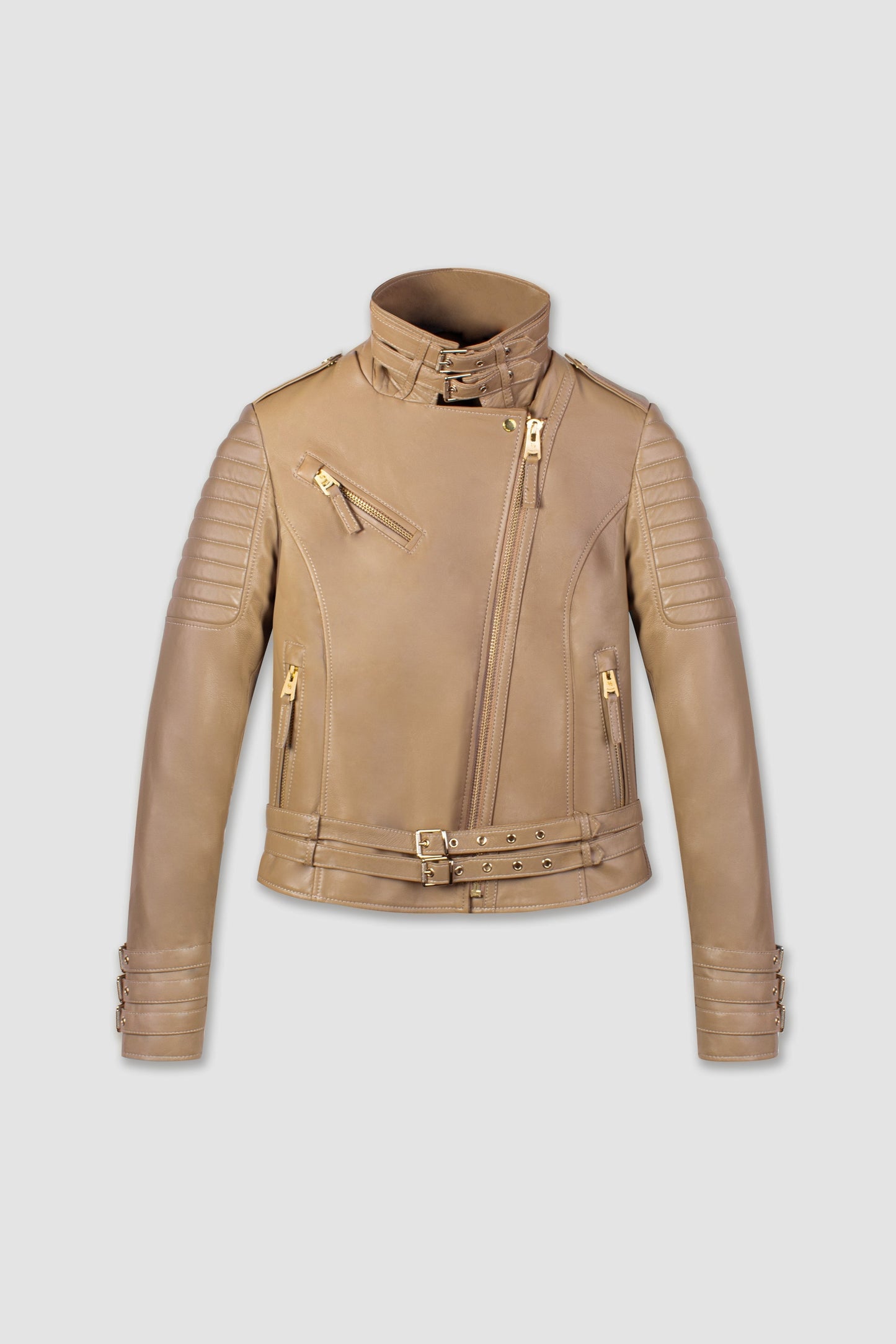 Women's Beige Biker Cafe Racer Leather Jacket