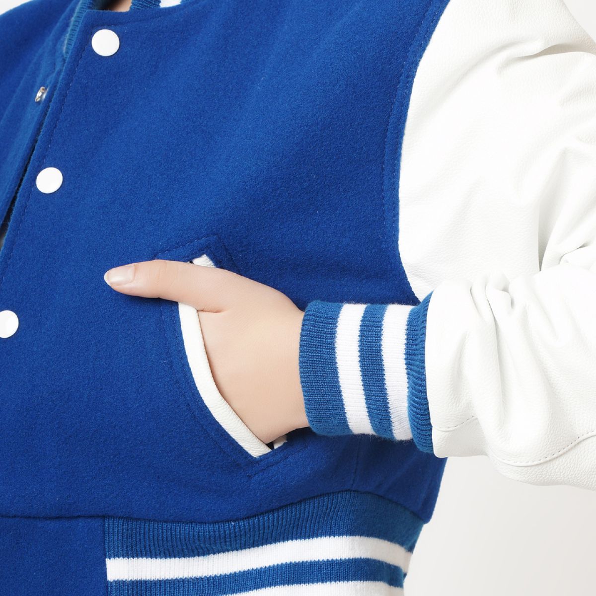 Women's Blue & White Sleeves Cropped Letterman Leather Jacket