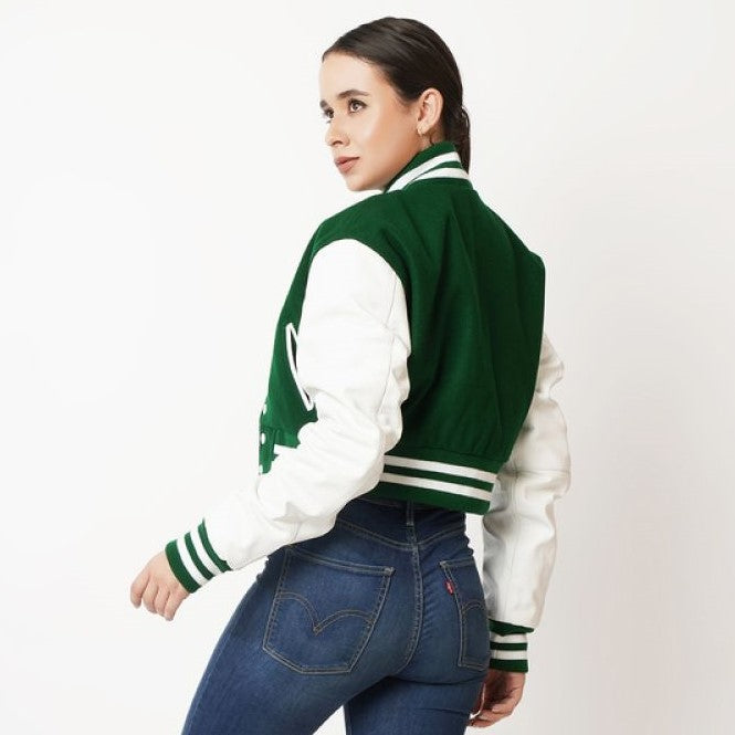 Women's Green & White Sleeves Cropped Varsity Leather Jacket