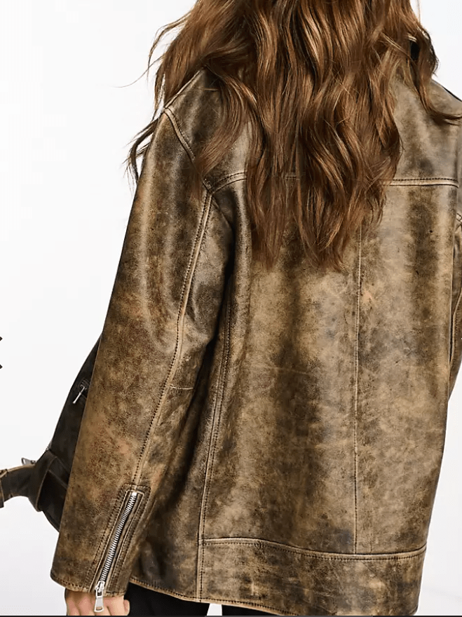 Women's Distressed Black Biker Leather Jacket with Belt