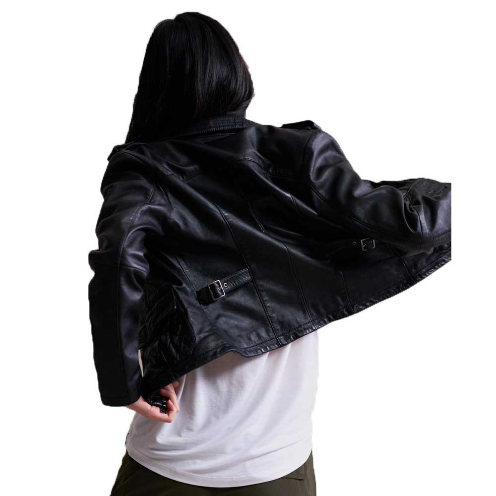 Women's Black Harrington Trucker Leather Jacket with Classic Fit