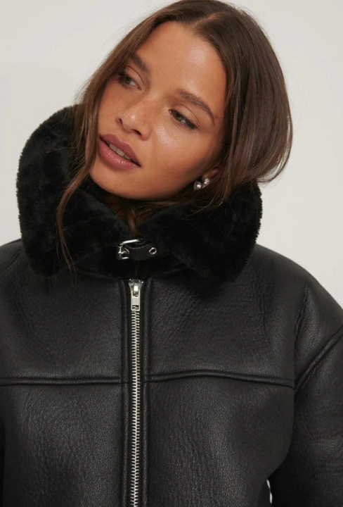 Women's Black Sheepskin Fur Bomber Leather Jacket