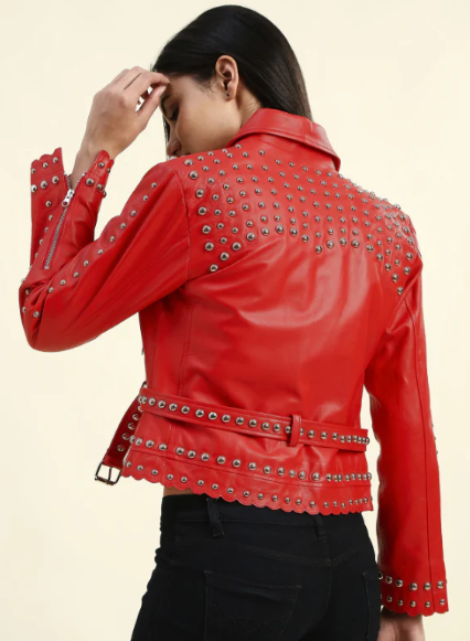 Women's Red Studded Leather Biker Jacket