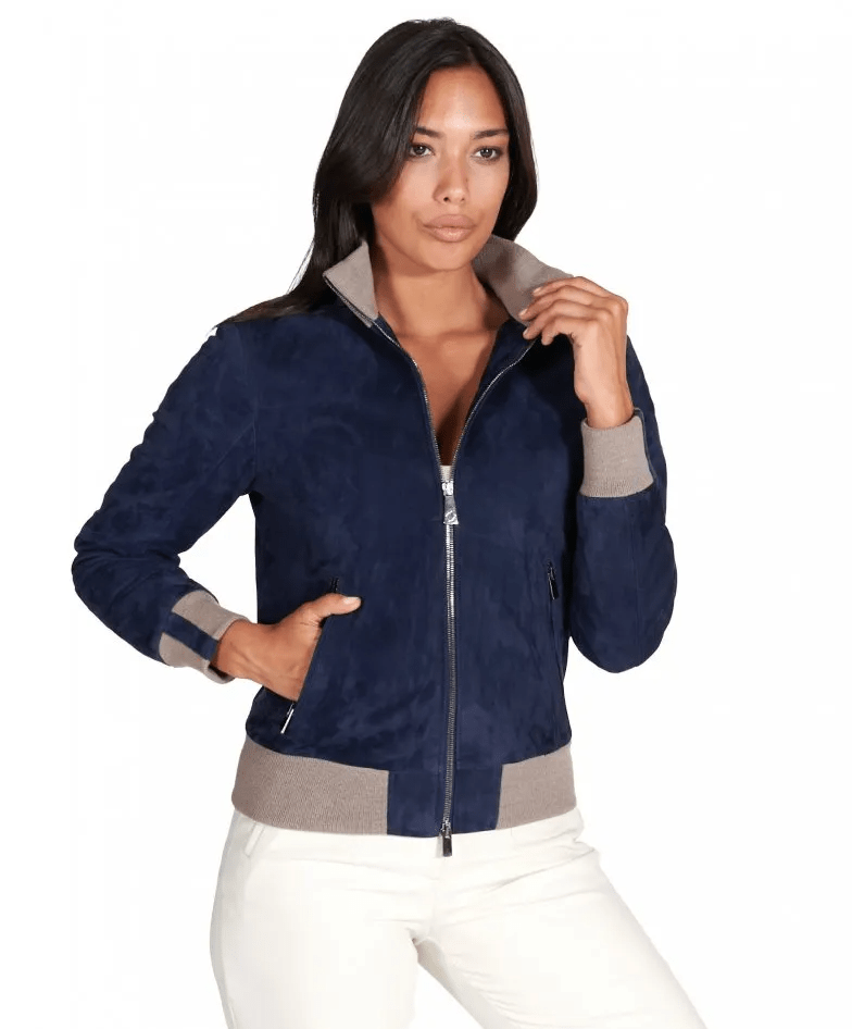 Women's Royal Blue Suede Bomber Leather Jacket