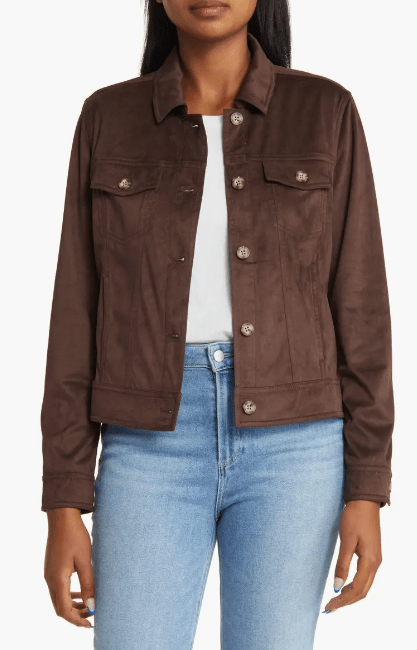 Women's Coffee Brown Suede Leather Trucker Jacket