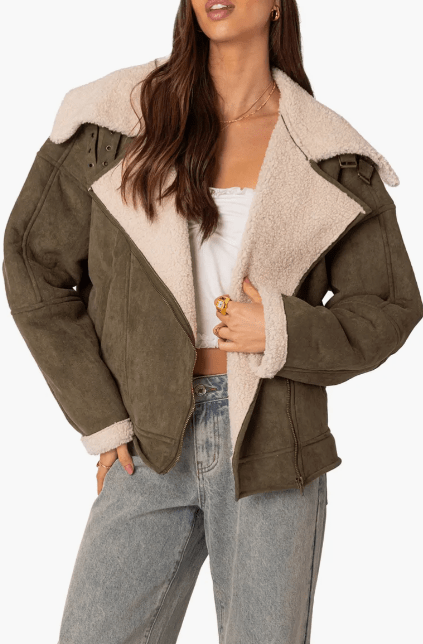 Women's Khaki Suede Shearling Leather Jacket