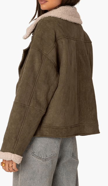 Women's Khaki Suede Shearling Leather Jacket